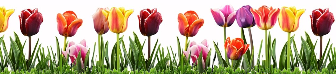 Obraz premium tullips border with transparent background, spring grass, panoramic scale