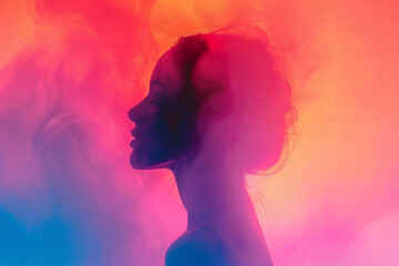 Photograph of attractive woman in profile with light reflections with red and blue tones