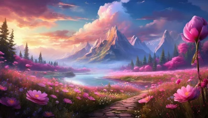 Foto op Canvas Campo de flores rosadas de ensueño como sacado de película de fantasía © Arelys
