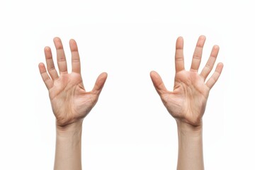 Two human hands open with palms facing upward, symbolizing openness, giving, or readiness to receive, against a pure white background