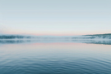 a serene lake at dawn, the surface like a mirror of silk reflecting the soft colors of the sky
