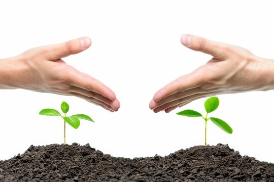 This image displays hands protectively hovering over a young green plant growing in rich soil, symbolizing care and environmental protection