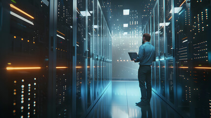 a man with laptop standing at a data server center