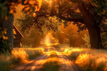 Fototapeta na wymiar Country road under a tree canopy with golden light sunbeams filtering through, sunset warmth and glow on a serene countryside summer day