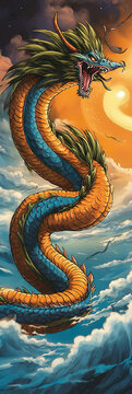 dragão amarelo azul e verde, no céu, ilustração