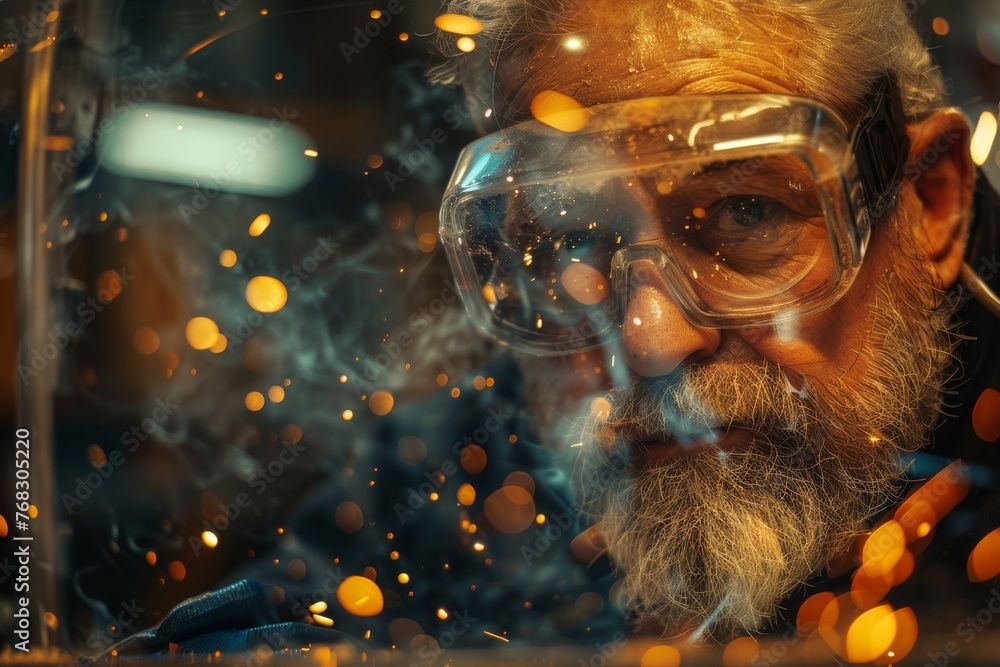 Aufkleber An image capturing a welder at work with vibrant sparks flying around in a dimly lit workshop setting