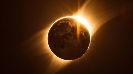 The solar eclipse casts a warm glow on the moon with a visible sun flare giving a feeling of warmth
