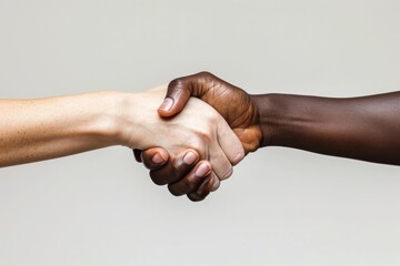 Two hands, one with a light skin tone and the other with a dark skin tone, engage in a strong, confident handshake against a neutral background