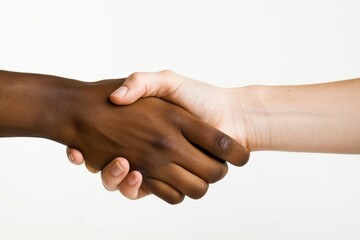 A close-up image of an interracial handshake, symbolizing diversity and unity between different ethnicities