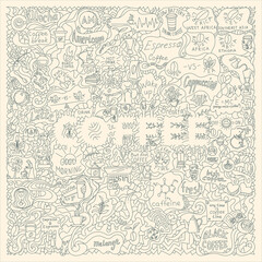 Doodle illustration on the coffee theme for decoration, packaging and posters. Square aspect ratio