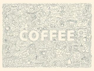 Doodle illustration on the coffee theme for decoration, packaging and posters. Horizontal orientation