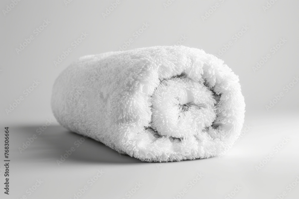 Poster a neatly rolled white fluffy towel presented on a minimalistic neutral background, conveys a sense o