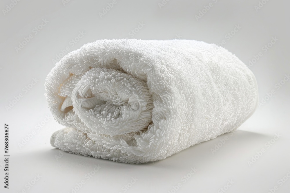Poster close-up of a soft, white, plush bath towel rolled neatly, symbolizing spa and self-care routines