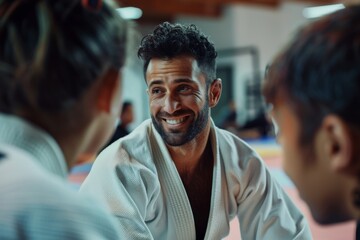A smiling man interacts with others during a martial arts training session in a dojo - obrazy, fototapety, plakaty