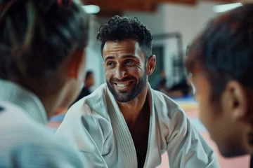 Foto op Plexiglas A smiling man interacts with others during a martial arts training session in a dojo © ChaoticMind
