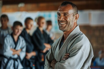 A cheerful martial arts instructor stands before a group of young students in a dojo
