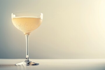 A light and airy photographic portrayal of a champagne coupe with effervescent bubbles in a tranquil setting