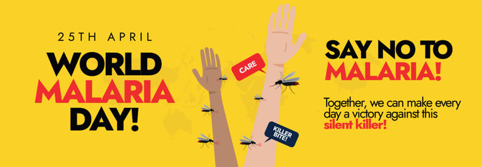 25th April World Malaria day. World Malaria day celebration cover banner with human arms and multiple mosquitoes biting on them. Malaria prevention awareness banner to fight illnesses against mosquito - obrazy, fototapety, plakaty