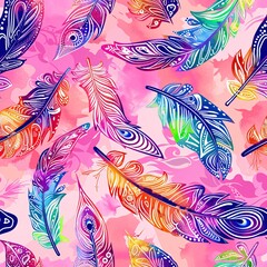 Fototapeta na wymiar A seamless pattern of colorful feathers with zentangle designs on a pink background with vibrant colors