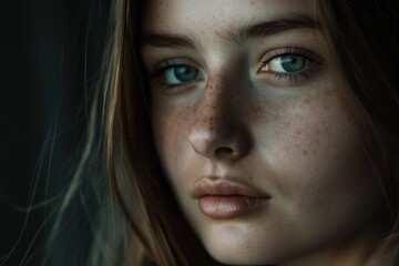 Fototapeta premium A portrait focusing on the detailed features of a young woman with striking blue eyes and freckles