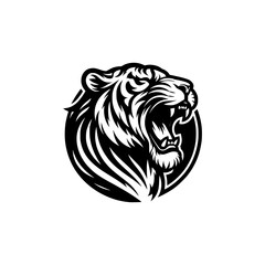 Vector logo of a tiger head. Black and white illustration of a roaring tiger.