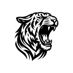 Vector logo of a tiger head. Black and white illustration of a roaring tiger.