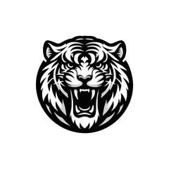 Vector logo of a tiger head. Black and white illustration of a roaring tiger.