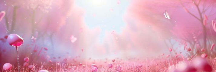Fairy tale forest of dreams with warm white sunlight pours into the pink forest with flowers in the foreground and pink grass around created with Generative AI Technology