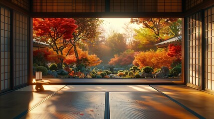 Traditional Japanese Room Overlooking Autumn Garden