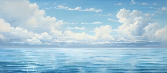 Fototapeta premium A vast body of liquid reflecting a cloudy sky, creating a serene natural landscape with cumulus clouds on the horizon