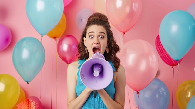 Portrait young woman holding megaphone on pastel pink background. AI generated image