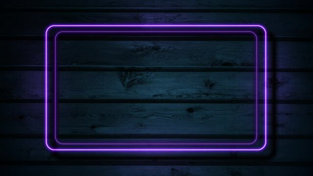Violet neon luminous rectangle frame on dark blue wooden abstract background. Seamless looping futuristic motion design. Video animation Ultra HD 4K 3840x2160
