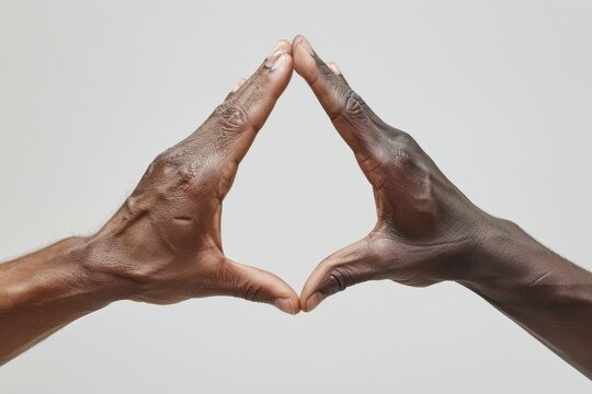 Close-up of two hands from different ethnicities creating a heart symbol, representing love and unity against a white background