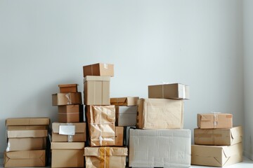 A variety of wrapped packages with visible shipping labels and strings, suggesting gifting and the anticipation of receiving