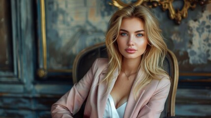 Obraz premium Attractive confident blond businesswoman in stylish outfit with jacket on shoulder on chair, Big boss, executive manager