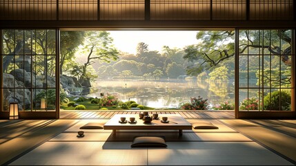Traditional Japanese Tea Room with Garden Lake View at Sunrise