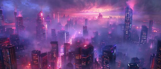 Sci-fi Cityscape with Purple and Cyan Neon lights, Night scene with Visionary Architecture,