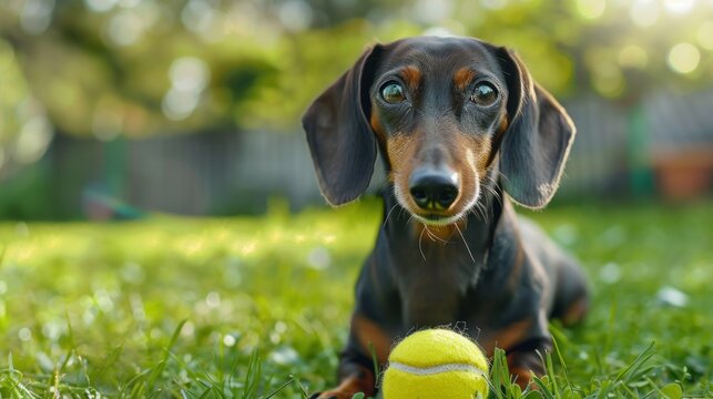Portrait a purebred dachshund dog playing a yellow tennis ball. AI generated image