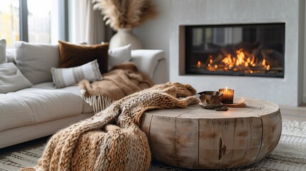 Cozy Living Room with Fireplace and Knitted Blanket