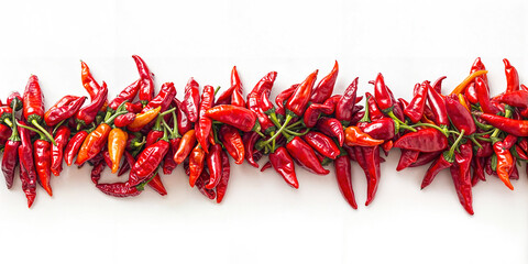 Row of fresh red chili peppers on white background