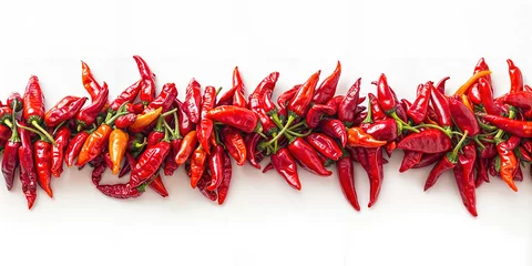 Crédence de cuisine en verre imprimé Piments forts Row of fresh red chili peppers on white background