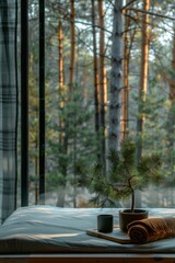 A minimalistic room featuring a bedside pine tree pot complementing the expansive forest outside