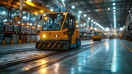 AGV (Automated guided vehicle) in warehouse logistic and transport - obrazy, fototapety, plakaty