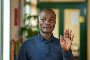 A thoughtful adult raising his right hand in a classroom as if taking an oath or pledge