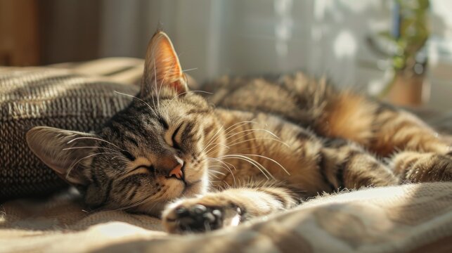 A lazy cat is enjoy relaxing in the bed at home. AI generated image