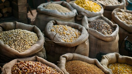 Miscellaneous grain crops selling at the market