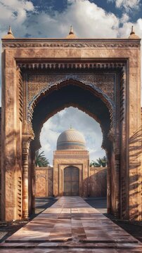 Islamic greeting Eid Mubarak cards for Muslim Holidays. Eid-Ul-Adha festival celebration. Ramadan Kareem background with mosque arch. High quality photo