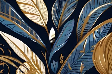 Abstract luxury art background with exotic tropical leaves in blue and gold color in line style....