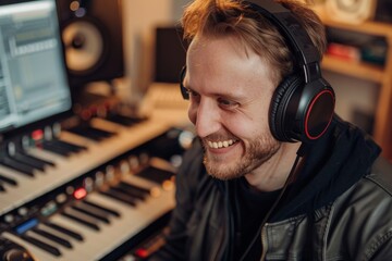 A happy male sound engineer listening to music on headphones in a personal studio with keyboards and equipment