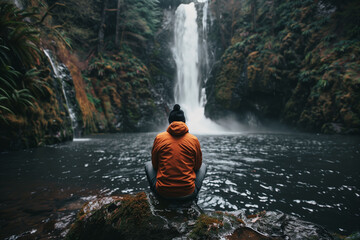 Meditating next to a waterfall and a small lake